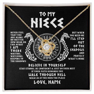 Love Knot Necklace 18K Yellow Gold Finish | 1 | Personalized To My Niece Necklace Viking Never Feel You Are Alone Odin Scandinavian Norse Runes Niece Birthday Christmas Pendant Customized Gift Message Card | teecentury