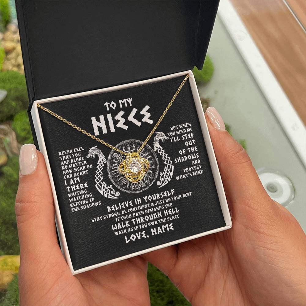 Love Knot Necklace 18K Yellow Gold Finish | 2 | Personalized To My Niece Necklace Viking Never Feel You Are Alone Odin Scandinavian Norse Runes Niece Birthday Christmas Pendant Customized Gift Message Card | teecentury