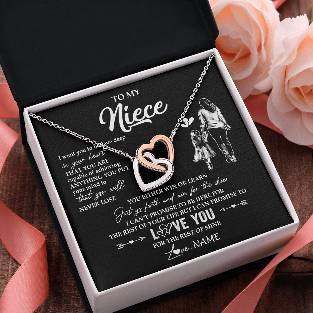 Interlocking Hearts Necklace Stainless Steel & Rose Gold Finish | 2 | Personalized To My Niece Necklace You Will Never Lose From Aunt Auntie Niece Birthday Gifts Graduation Christmas Customized Gift Box Message Card | teecentury