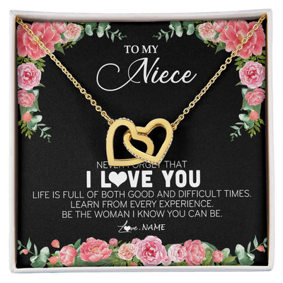 Interlocking Hearts Necklace 18K Yellow Gold Finish | Personalized To My Niece Necklace from Aunt Uncle Never Forget I Love You Floral Jewelry for Niece Birthday Graduation Christmas Customized Message Card | teecentury