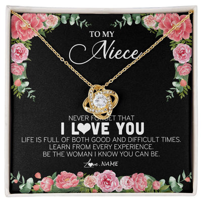 Love Knot Necklace 18K Yellow Gold Finish | Personalized To My Niece Necklace from Aunt Uncle Never Forget I Love You Floral Jewelry for Niece Birthday Graduation Christmas Customized Message Card | teecentury