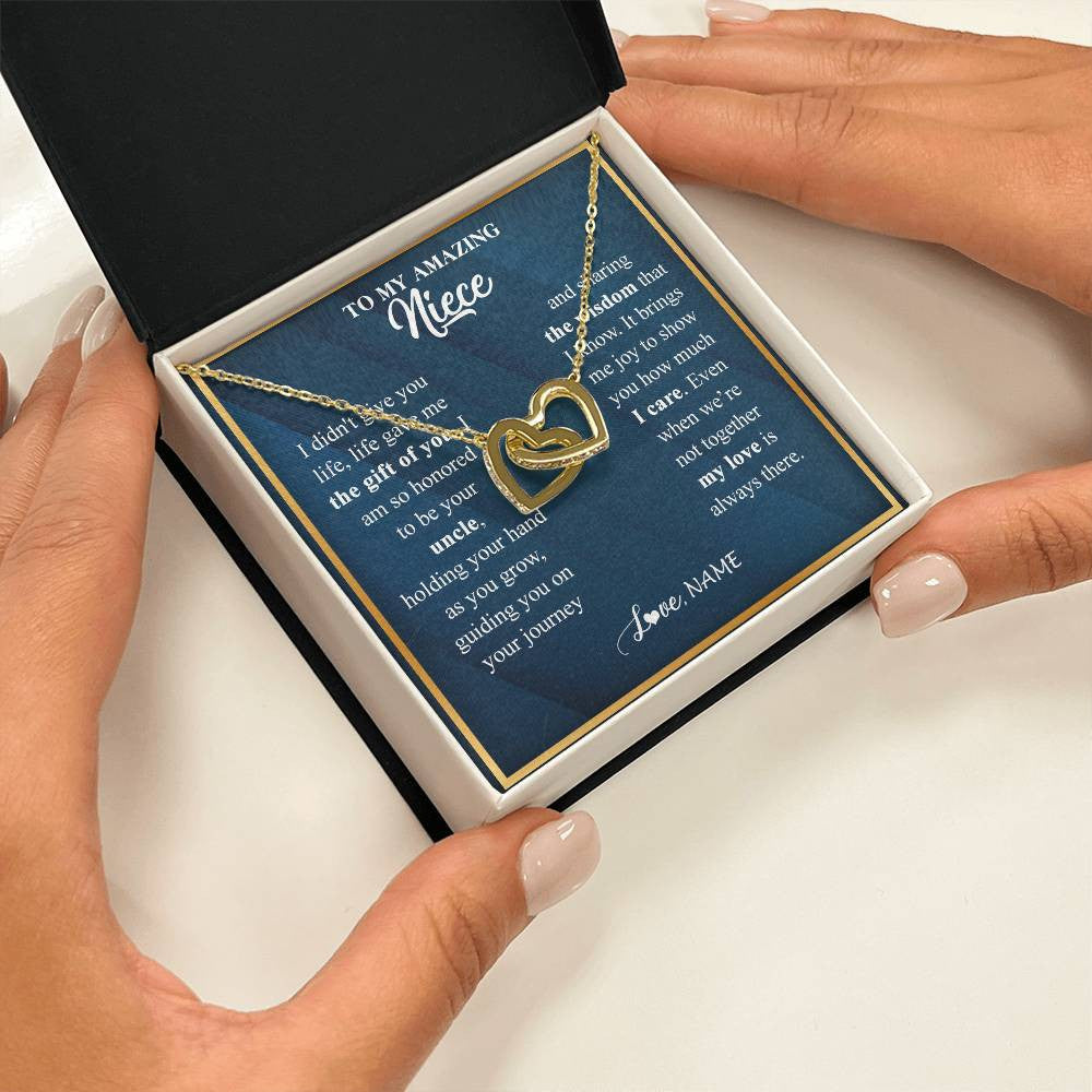 Interlocking Hearts Necklace 18K Yellow Gold Finish | 2 | Personalized To My Niece Necklace from Uncle Life Gave Me The Gift Of You Niece Birthday Graduation Christmas Jewelry Customized Gift Box Message Card | teecentury