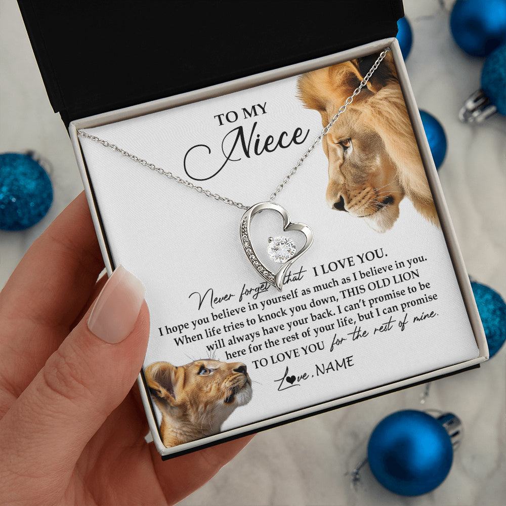 Forever Love Necklace 14K White Gold Finish | 2 | Personalized To My Niece Necklace from Uncle Never Forget I Love You Lion Jewelry Niece Birthday Graduation Christmas Customized Message Card | teecentury