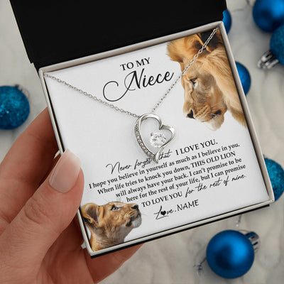 Forever Love Necklace 14K White Gold Finish | 2 | Personalized To My Niece Necklace from Uncle Never Forget I Love You Lion Jewelry Niece Birthday Graduation Christmas Customized Message Card | teecentury