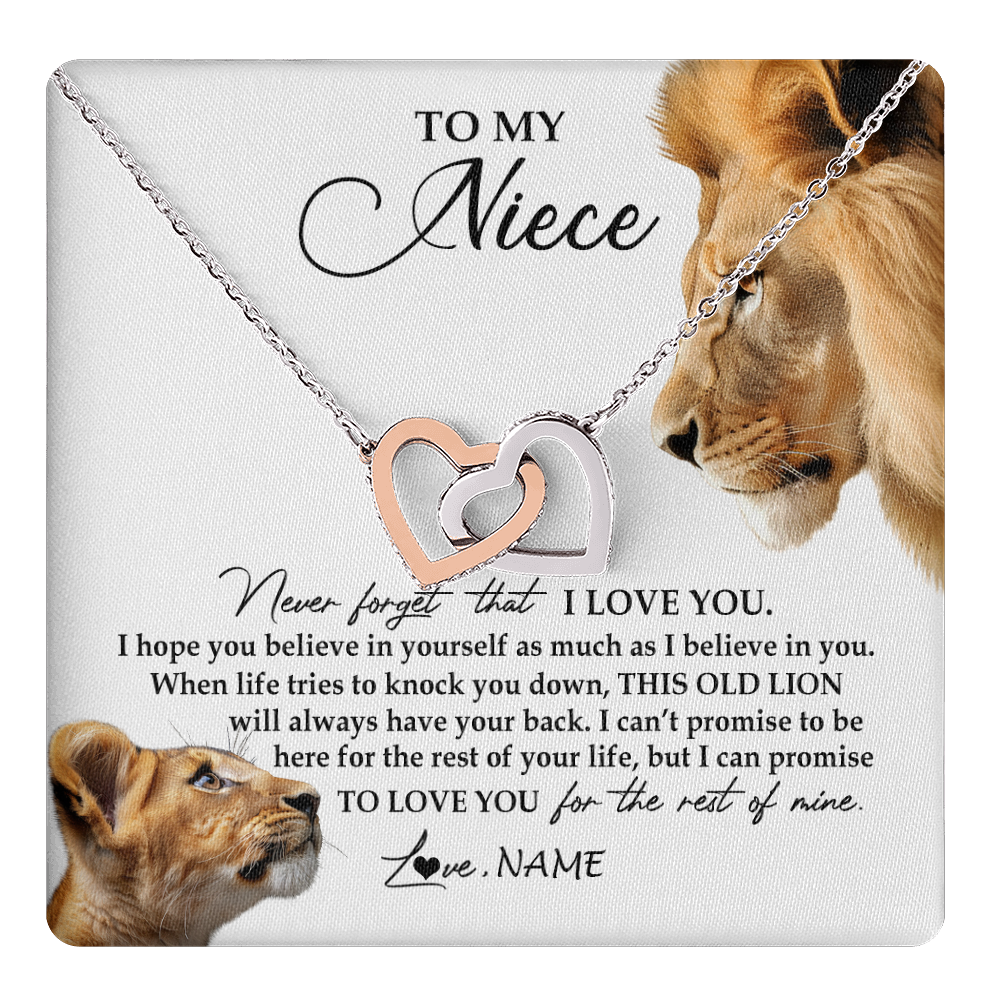 Interlocking Hearts Necklace Stainless Steel & Rose Gold Finish | 1 | Personalized To My Niece Necklace from Uncle Never Forget I Love You Lion Jewelry Niece Birthday Graduation Christmas Customized Message Card | teecentury