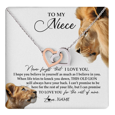 Interlocking Hearts Necklace Stainless Steel & Rose Gold Finish | 1 | Personalized To My Niece Necklace from Uncle Never Forget I Love You Lion Jewelry Niece Birthday Graduation Christmas Customized Message Card | teecentury