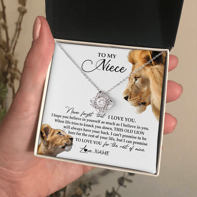 Love Knot Necklace 14K White Gold Finish | 2 | Personalized To My Niece Necklace from Uncle Never Forget I Love You Lion Jewelry Niece Birthday Graduation Christmas Customized Message Card | teecentury