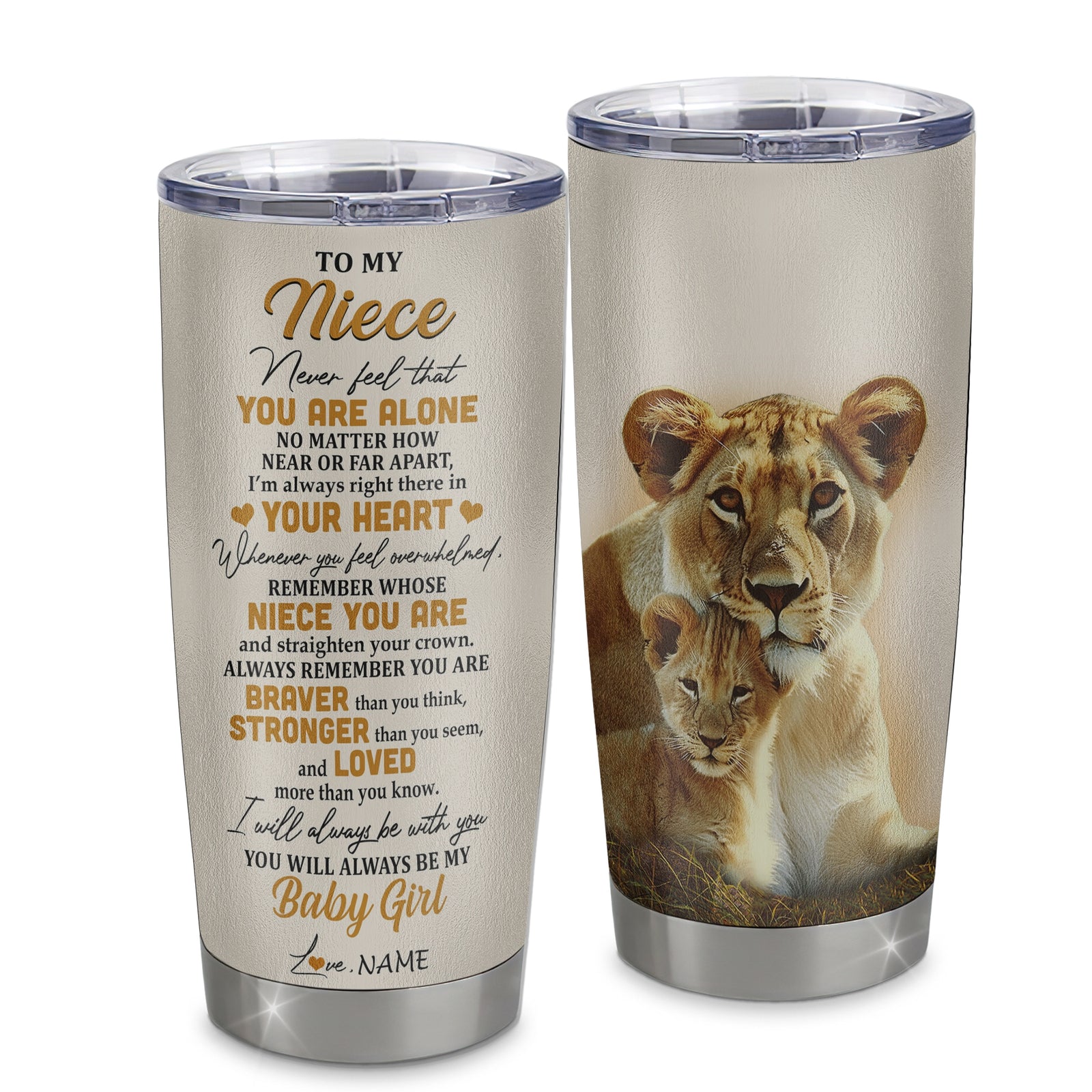 Personalized To My Niece Tumbler From Aunt Auntie Stainless Steel Cup Lion Never Feel That You Are Alone Great Niece Birthday Christmas Travel Mug | teecentury