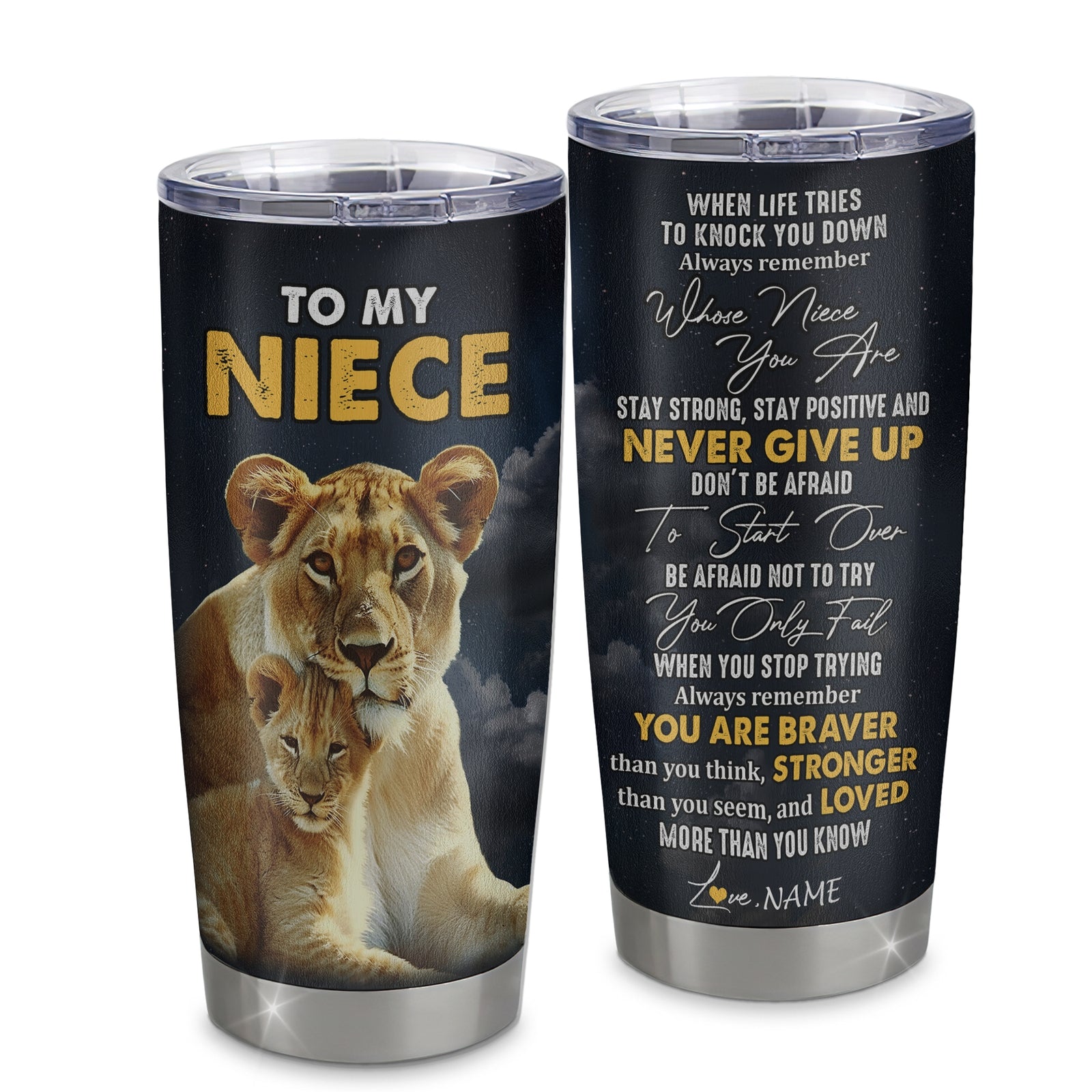 Personalized To My Niece Tumbler From Aunt Auntie Stainless Steel Cup Lion Never Give Up Niece Birthday Graduation Christmas Travel Mug | teecentury