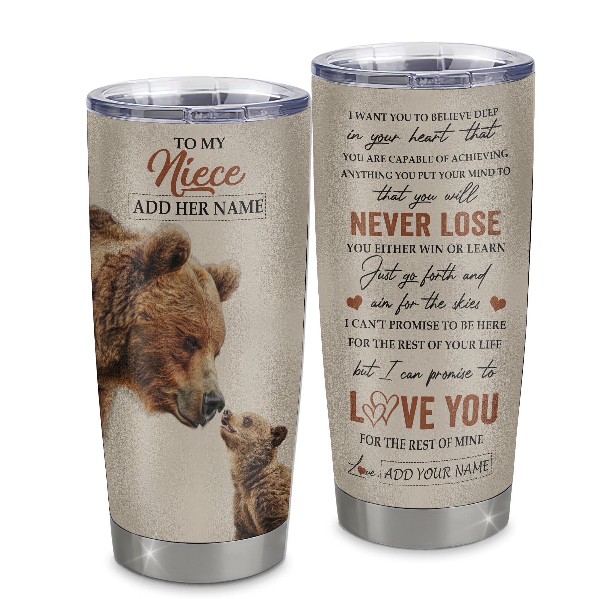 Personalized To My Niece Tumbler From Aunt Uncle Auntie You Will Never Lose Bear Niece Birthday Gifts Graduation Christmas Custom Stainless Steel Cup Travel Mug | teecentury