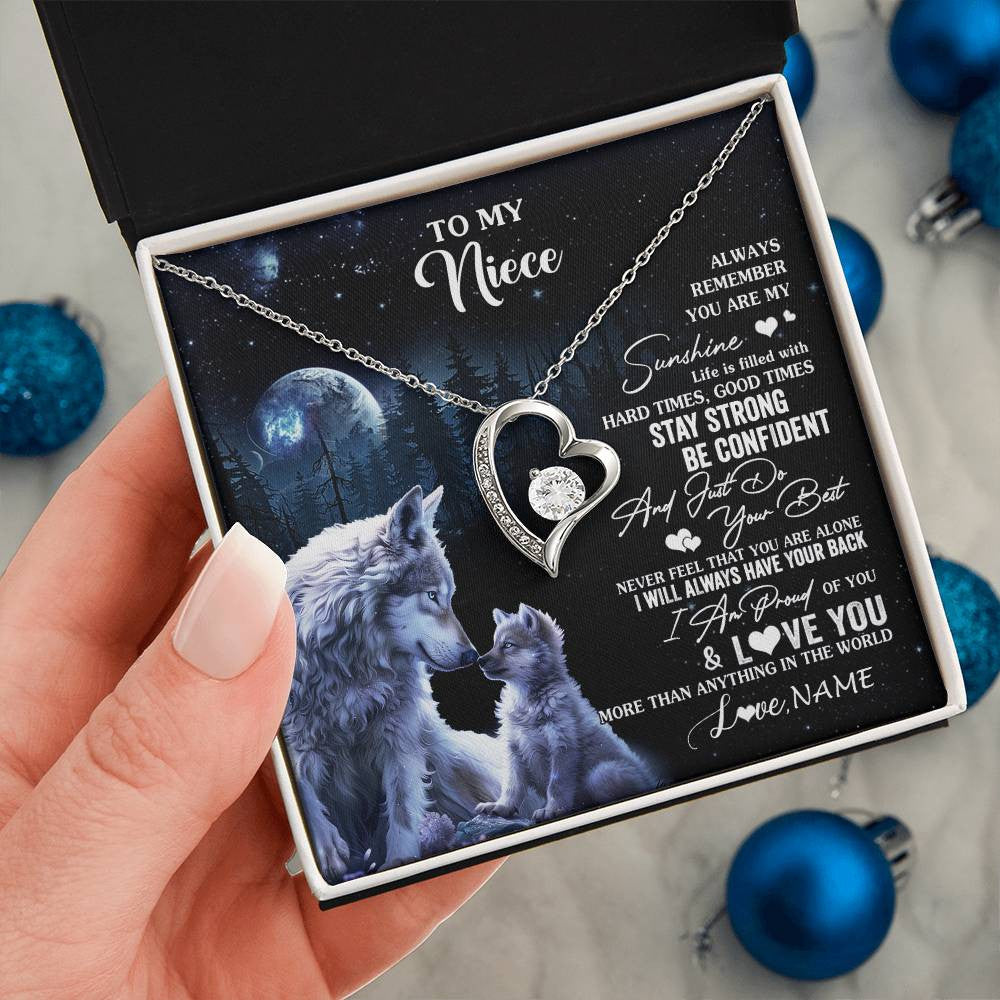 Forever Love Necklace 14K White Gold Finish | 2 | Personalized To My Niece Wolf Necklace From Aunt Uncle Auntie Always Remember Niece Birthday Graduation Christmas Customized Gift Box Message Card | teecentury