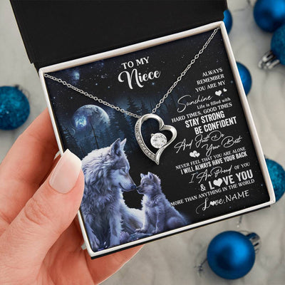 Forever Love Necklace 14K White Gold Finish | 2 | Personalized To My Niece Wolf Necklace From Aunt Uncle Auntie Always Remember Niece Birthday Graduation Christmas Customized Gift Box Message Card | teecentury