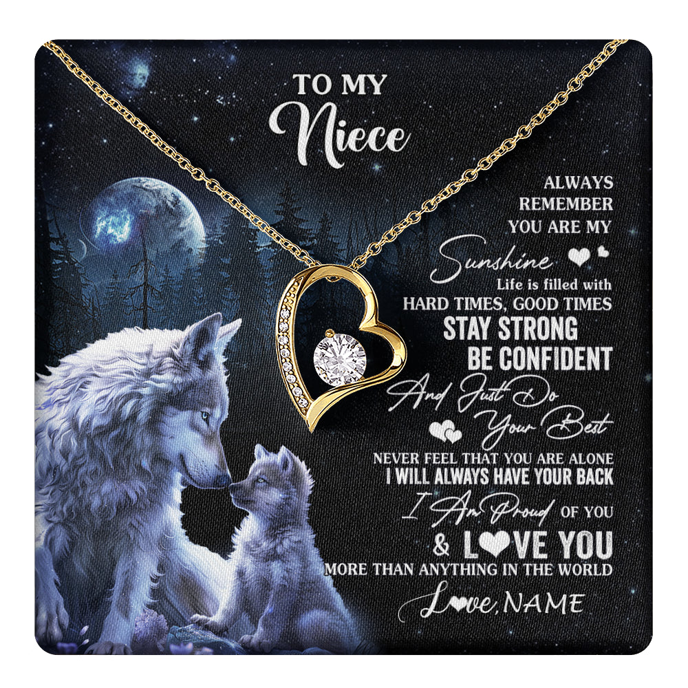 Forever Love Necklace 18K Yellow Gold Finish | 1 | Personalized To My Niece Wolf Necklace From Aunt Uncle Auntie Always Remember Niece Birthday Graduation Christmas Customized Gift Box Message Card | teecentury