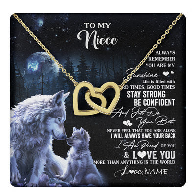 Interlocking Hearts Necklace 18K Yellow Gold Finish | 1 | Personalized To My Niece Wolf Necklace From Aunt Uncle Auntie Always Remember Niece Birthday Graduation Christmas Customized Gift Box Message Card | teecentury