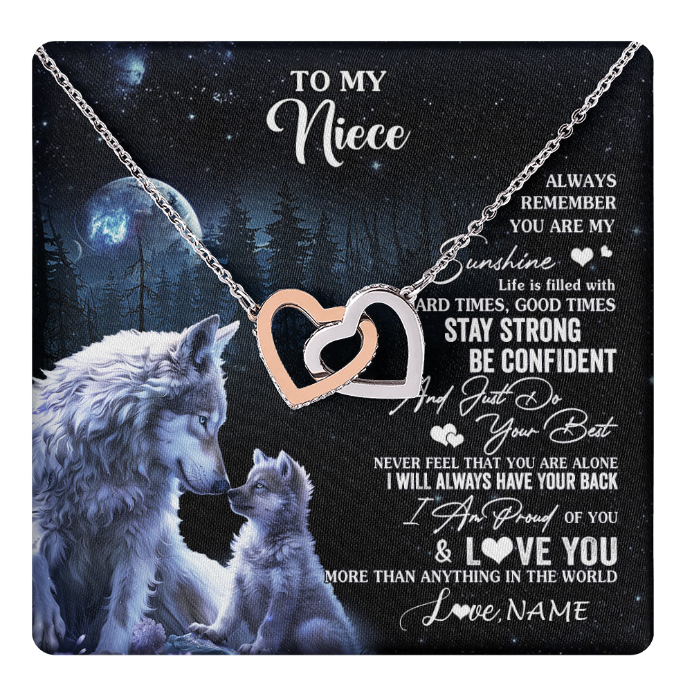 Interlocking Hearts Necklace Stainless Steel & Rose Gold Finish | 1 | Personalized To My Niece Wolf Necklace From Aunt Uncle Auntie Always Remember Niece Birthday Graduation Christmas Customized Gift Box Message Card | teecentury