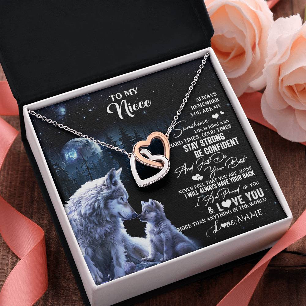 Interlocking Hearts Necklace Stainless Steel & Rose Gold Finish | 2 | Personalized To My Niece Wolf Necklace From Aunt Uncle Auntie Always Remember Niece Birthday Graduation Christmas Customized Gift Box Message Card | teecentury