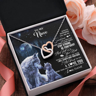 Interlocking Hearts Necklace Stainless Steel & Rose Gold Finish | 2 | Personalized To My Niece Wolf Necklace From Aunt Uncle Auntie Always Remember Niece Birthday Graduation Christmas Customized Gift Box Message Card | teecentury