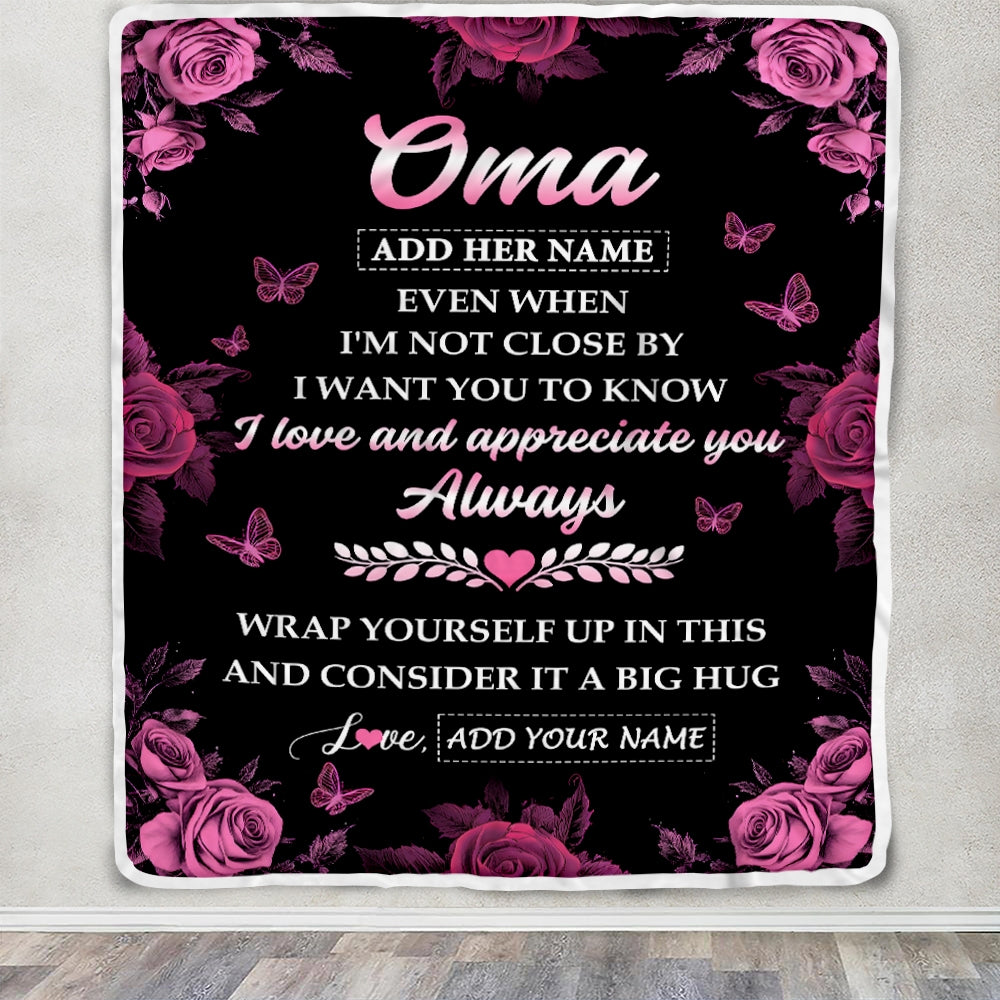 Personalized To My Oma Gifts From Granddaughter Grandson Blanket Rose Floral It A Big Hug Birthday Gift Idea For Oma Gifts Christmas Customized Fleece Blanket | teecentury