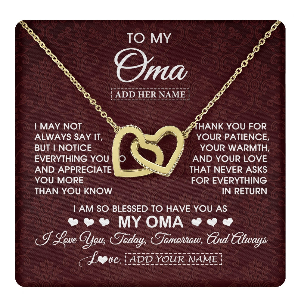 Interlocking Hearts Necklace 18K Yellow Gold Finish | 1 | Personalized To My Oma Gifts From Granddaughter Grandson Necklace Meaningful Jewelry Pendant Gifts For Oma Mothers Day Birthday Christmas Gift Box Message Card | https://teecentury.