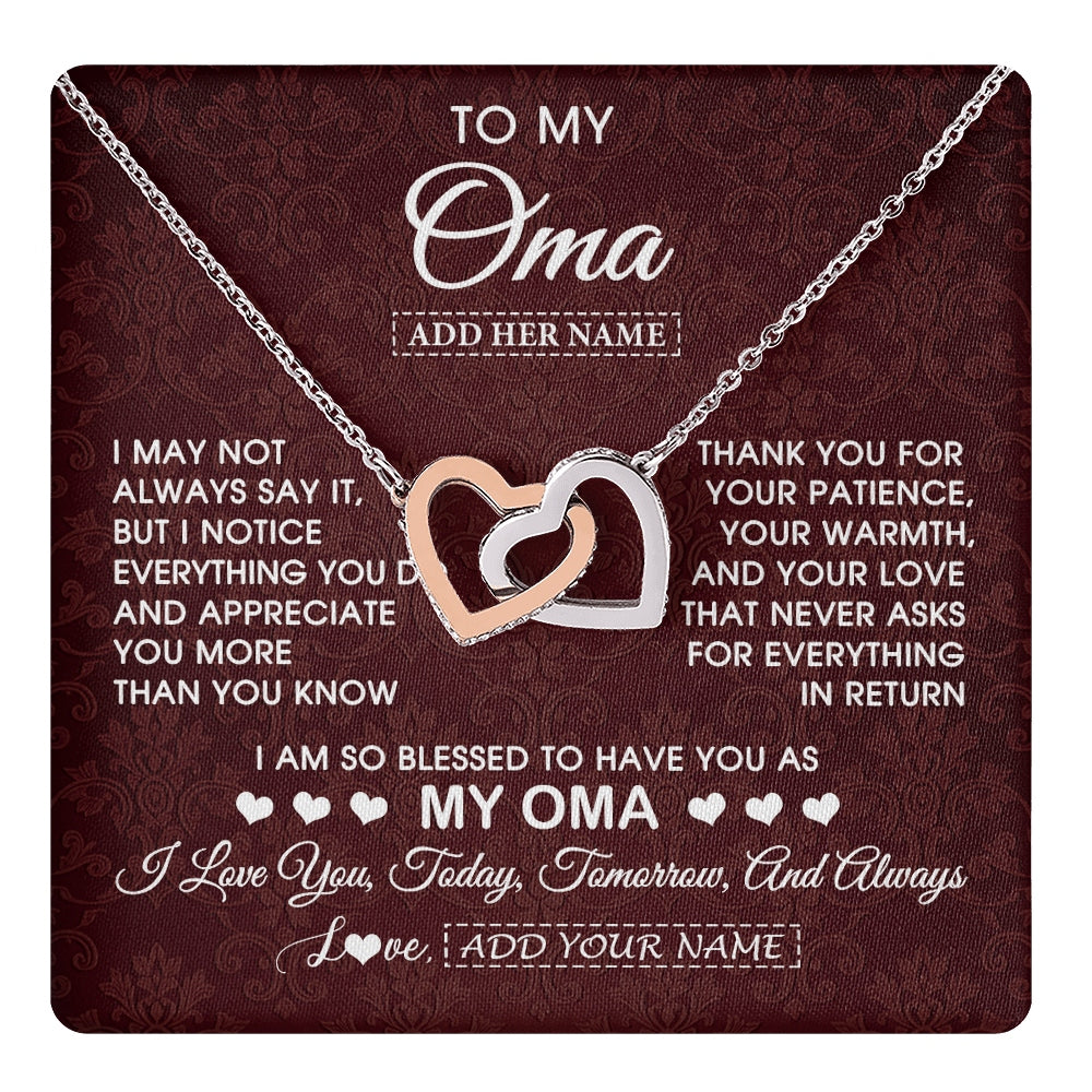 Interlocking Hearts Necklace Stainless Steel & Rose Gold Finish | 1 | Personalized To My Oma Gifts From Granddaughter Grandson Necklace Meaningful Jewelry Pendant Gifts For Oma Mothers Day Birthday Christmas Gift Box Message Card | https://teecentury.