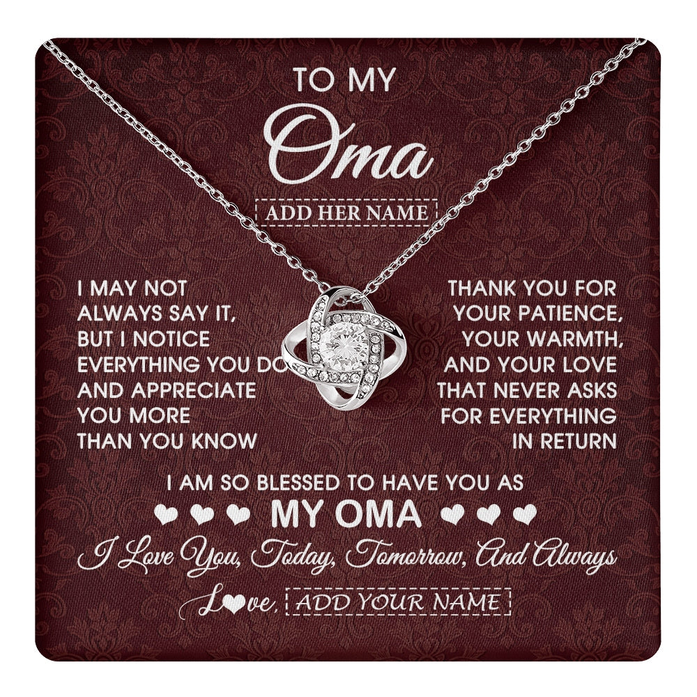 Love Knot Necklace 14K White Gold Finish | 1 | Personalized To My Oma Gifts From Granddaughter Grandson Necklace Meaningful Jewelry Pendant Gifts For Oma Mothers Day Birthday Christmas Gift Box Message Card | https://teecentury.
