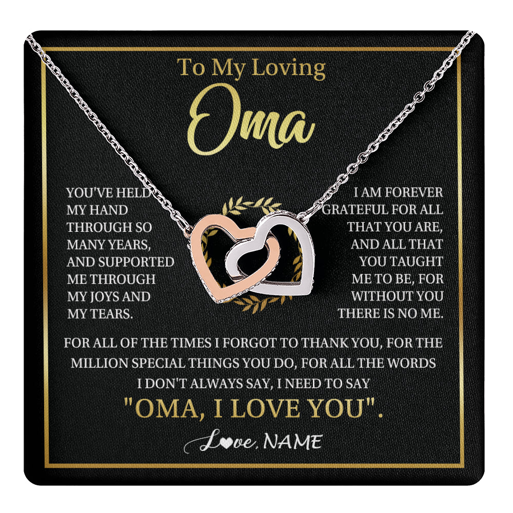 Interlocking Hearts Necklace Stainless Steel & Rose Gold Finish | 1 | Personalized To My Oma Gifts Necklace From Granddaughter Grandson Grateful Thank You Oma Birthday Mothers Day Christmas Customized Gift Box Message Card | teecentury