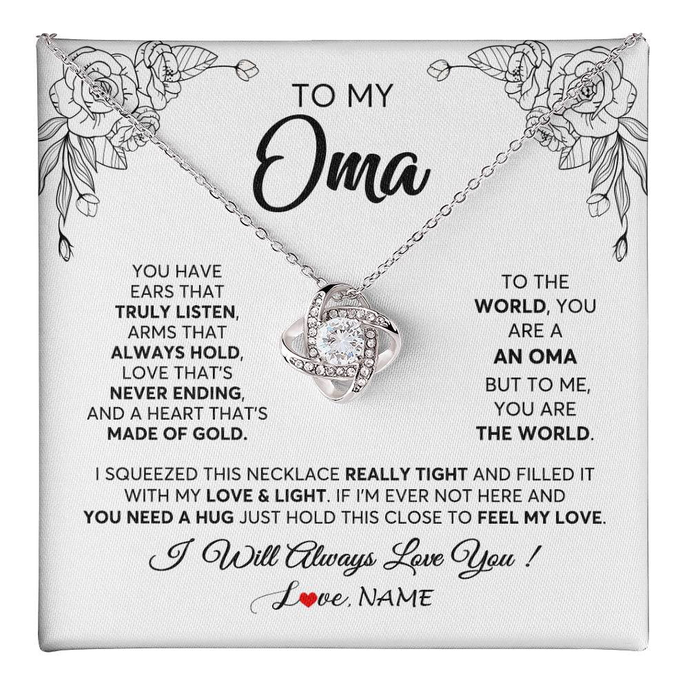Love Knot Necklace 14K White Gold Finish | 1 | Personalized To My Oma Necklace From Grandkids Granddaughter Hold This Close Feel My Love Oma Birthday Mothers Day Christmas Customized Gift Box Message Card | teecentury