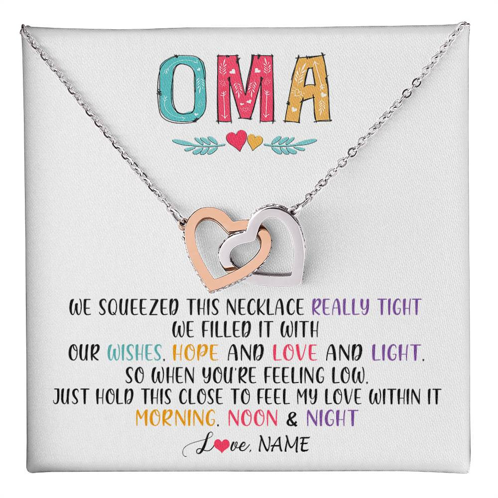 Interlocking Hearts Necklace Stainless Steel & Rose Gold Finish | 1 | Personalized To My Oma Necklace From Grandkids Granddaughter We Squeezed This Necklace Oma Birthday Mothers Day Christmas Customized Gift Box Message Card | teecentury