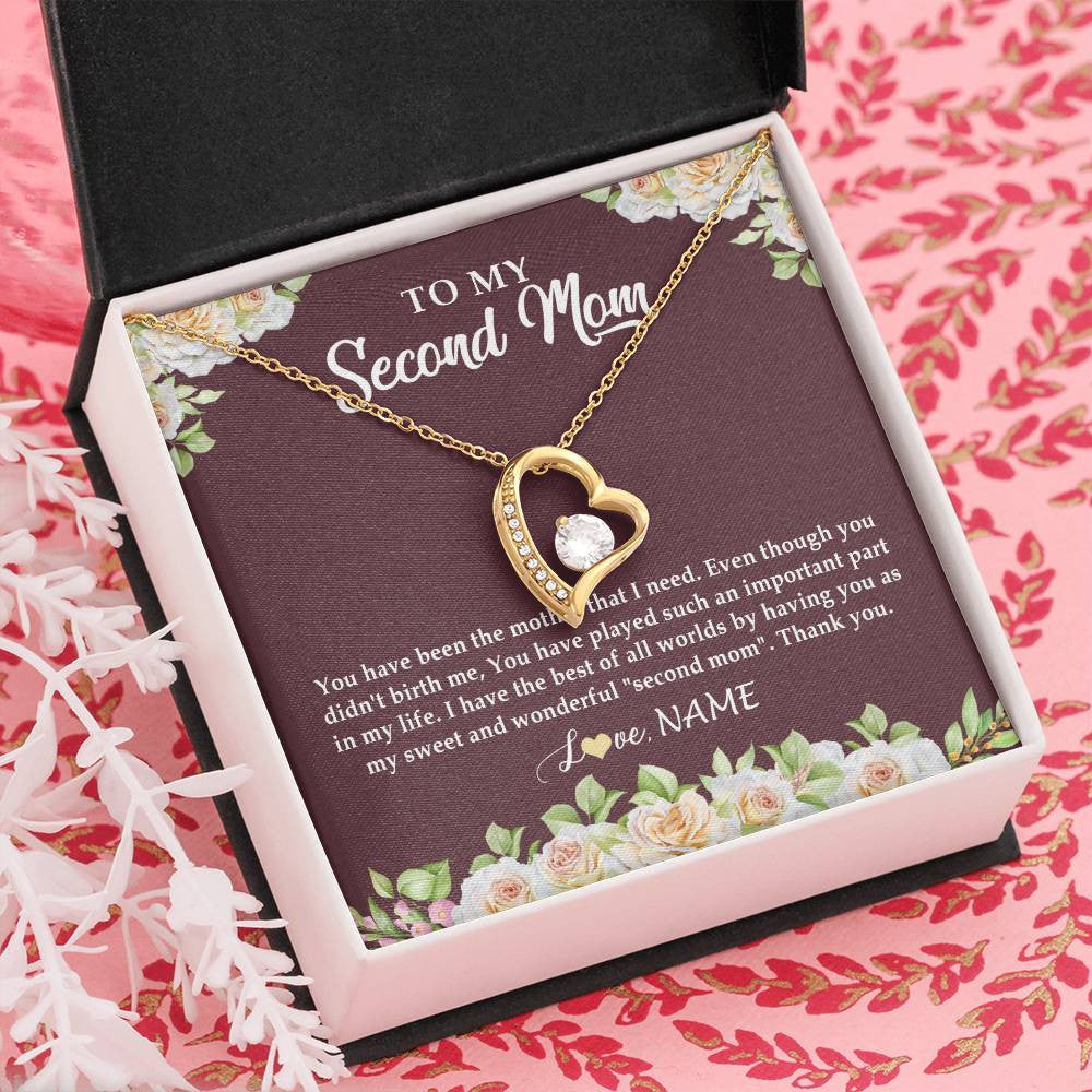 Forever Love Necklace 18K Yellow Gold Finish | Personalized To My Second Mom Necklace Sweet Wonderful Mother In Law Stepmother Stepmom Jewelry Birthday Mothers Day Christmas Customized Gift Box Message Card | teecentury