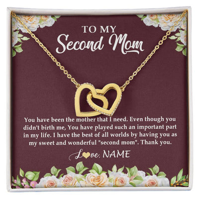 Interlocking Hearts Necklace 18K Yellow Gold Finish | Personalized To My Second Mom Necklace Sweet Wonderful Mother In Law Stepmother Stepmom Jewelry Birthday Mothers Day Christmas Customized Gift Box Message Card | teecentury