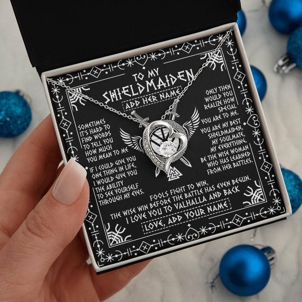 Forever Love Necklace 14K White Gold Finish | 2 | Personalized To My Shieldmaiden Gifts Necklace Viking Valhalla Scandinavian For Girlfriend Wife Custom Birthday Romantic Jewelry Gift Box Message Card | https://teecentury.