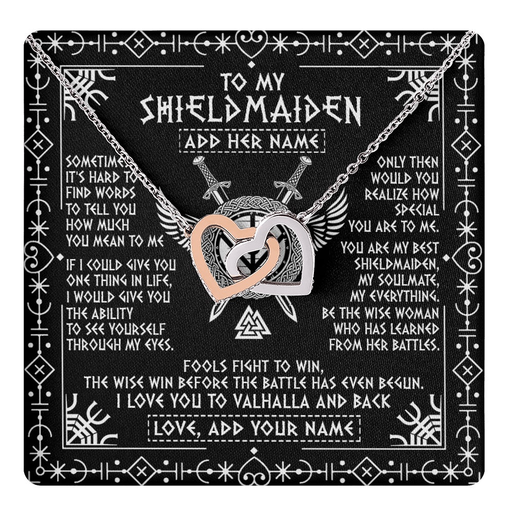 Interlocking Hearts Necklace Stainless Steel & Rose Gold Finish | 1 | Personalized To My Shieldmaiden Gifts Necklace Viking Valhalla Scandinavian For Girlfriend Wife Custom Birthday Romantic Jewelry Gift Box Message Card | https://teecentury.