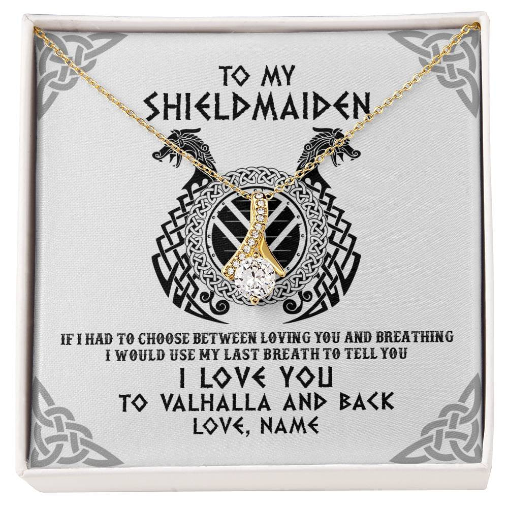 Alluring Beauty Necklace 18K Yellow Gold Finish | Personalized To My Shieldmaiden Necklace From Husband I Love You to Valhalla Viking Jewelry Women Birthday Wife Girlfriend Anniversary Customized Message Card | teecentury