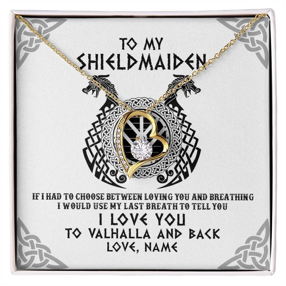 Forever Love Necklace 18K Yellow Gold Finish | Personalized To My Shieldmaiden Necklace From Husband I Love You to Valhalla Viking Jewelry Women Birthday Wife Girlfriend Anniversary Customized Message Card | teecentury