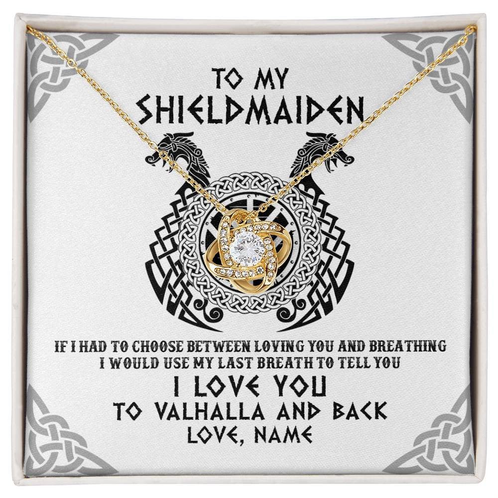 Love Knot Necklace 18K Yellow Gold Finish | Personalized To My Shieldmaiden Necklace From Husband I Love You to Valhalla Viking Jewelry Women Birthday Wife Girlfriend Anniversary Customized Message Card | teecentury