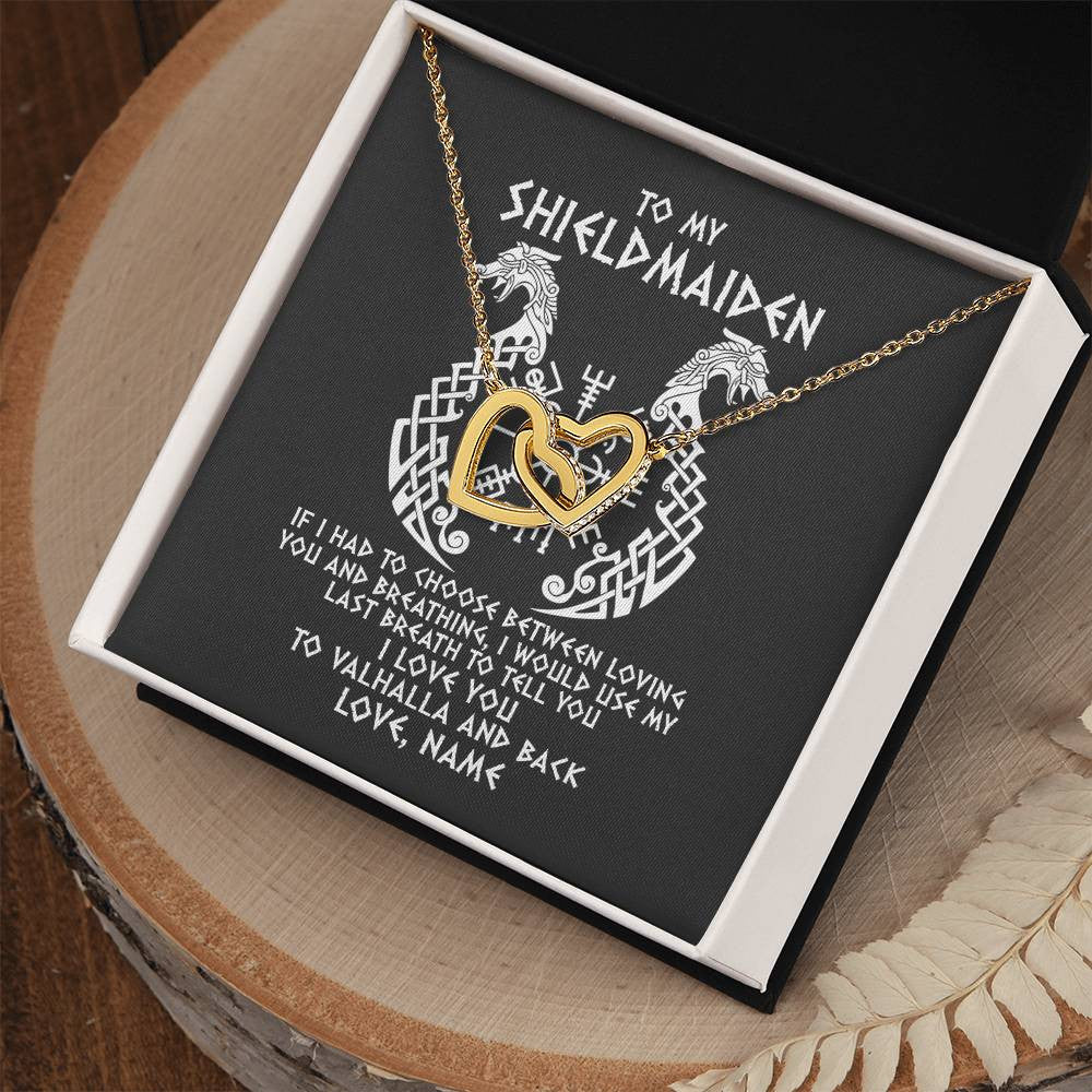 Interlocking Hearts Necklace 18K Yellow Gold Finish | Personalized To My Shieldmaiden Necklace From Viking I Love You For Wife From Husband Girlfriend From Boyfriend Birthday Valentines Day Customized Message Card | teecentury