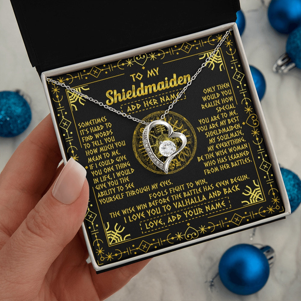 Forever Love Necklace 14K White Gold Finish | 2 | Personalized To My Shieldmaiden Necklace I Love You To Valhalla And Back Viking Jewelry Women Birthday Wife Daughter Anniversary Custom Gift Box Message Card | https://teecentury.