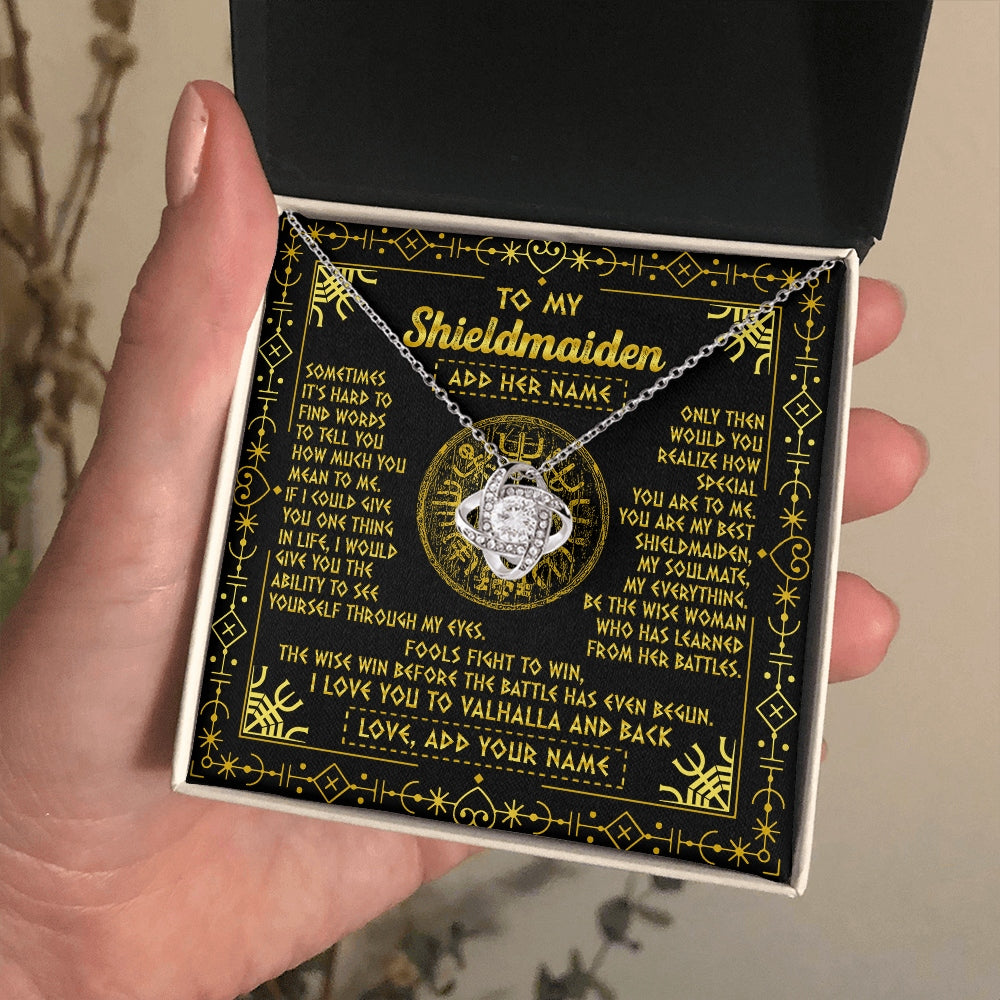 Love Knot Necklace 14K White Gold Finish | 2 | Personalized To My Shieldmaiden Necklace I Love You To Valhalla And Back Viking Jewelry Women Birthday Wife Daughter Anniversary Custom Gift Box Message Card | https://teecentury.