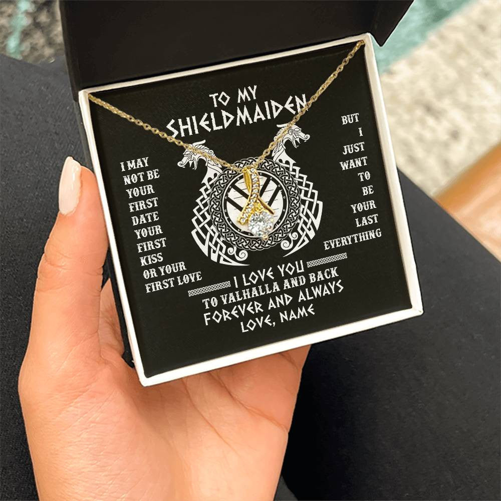 Alluring Beauty Necklace 18K Yellow Gold Finish | Personalized To My Shieldmaiden Necklace I Love You to Valhalla and Back Viking Jewelry For Women Birthday Wife Girlfriend Anniversary Customized Message Card | teecentury