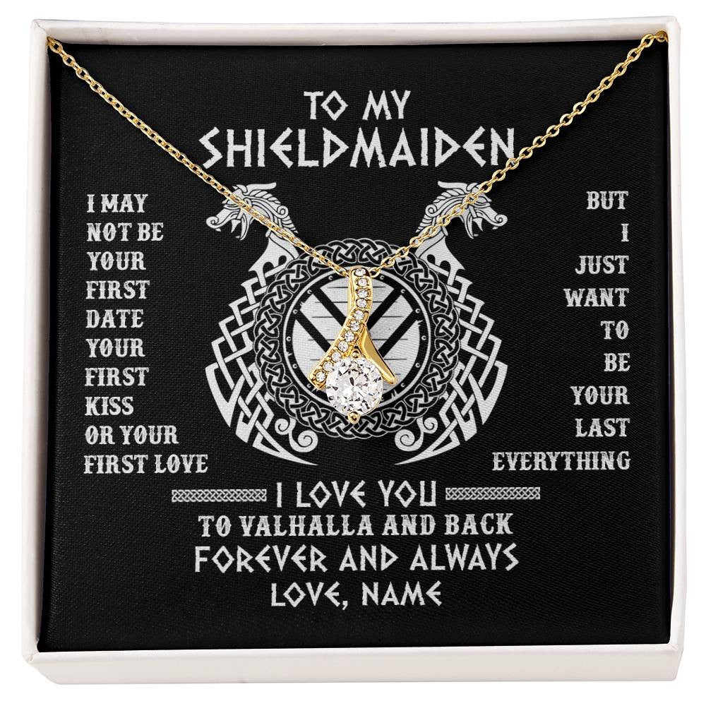 Alluring Beauty Necklace 18K Yellow Gold Finish | Personalized To My Shieldmaiden Necklace I Love You to Valhalla and Back Viking Jewelry For Women Birthday Wife Girlfriend Anniversary Customized Message Card | teecentury