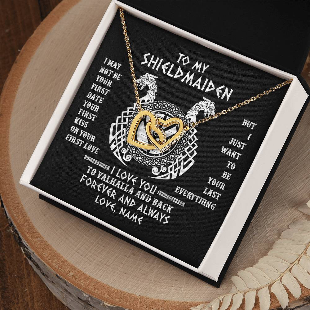 Interlocking Hearts Necklace 18K Yellow Gold Finish | Personalized To My Shieldmaiden Necklace I Love You to Valhalla and Back Viking Jewelry For Women Birthday Wife Girlfriend Anniversary Customized Message Card | teecentury