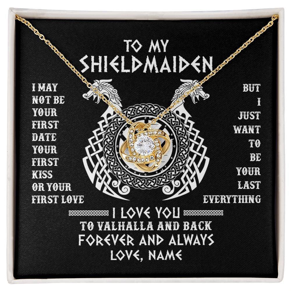 Love Knot Necklace 18K Yellow Gold Finish | Personalized To My Shieldmaiden Necklace I Love You to Valhalla and Back Viking Jewelry For Women Birthday Wife Girlfriend Anniversary Customized Message Card | teecentury