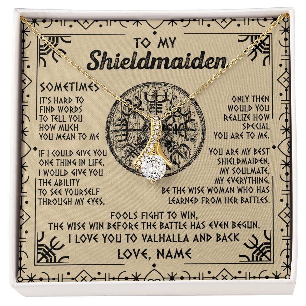 Alluring Beauty Necklace 18K Yellow Gold Finish | Personalized To My Shieldmaiden Necklace Viking Vintage I Love You to Valhalla Jewelry Fiancee Wife Girlfriend Birthday Anniversary Customized Message Card | teecentury