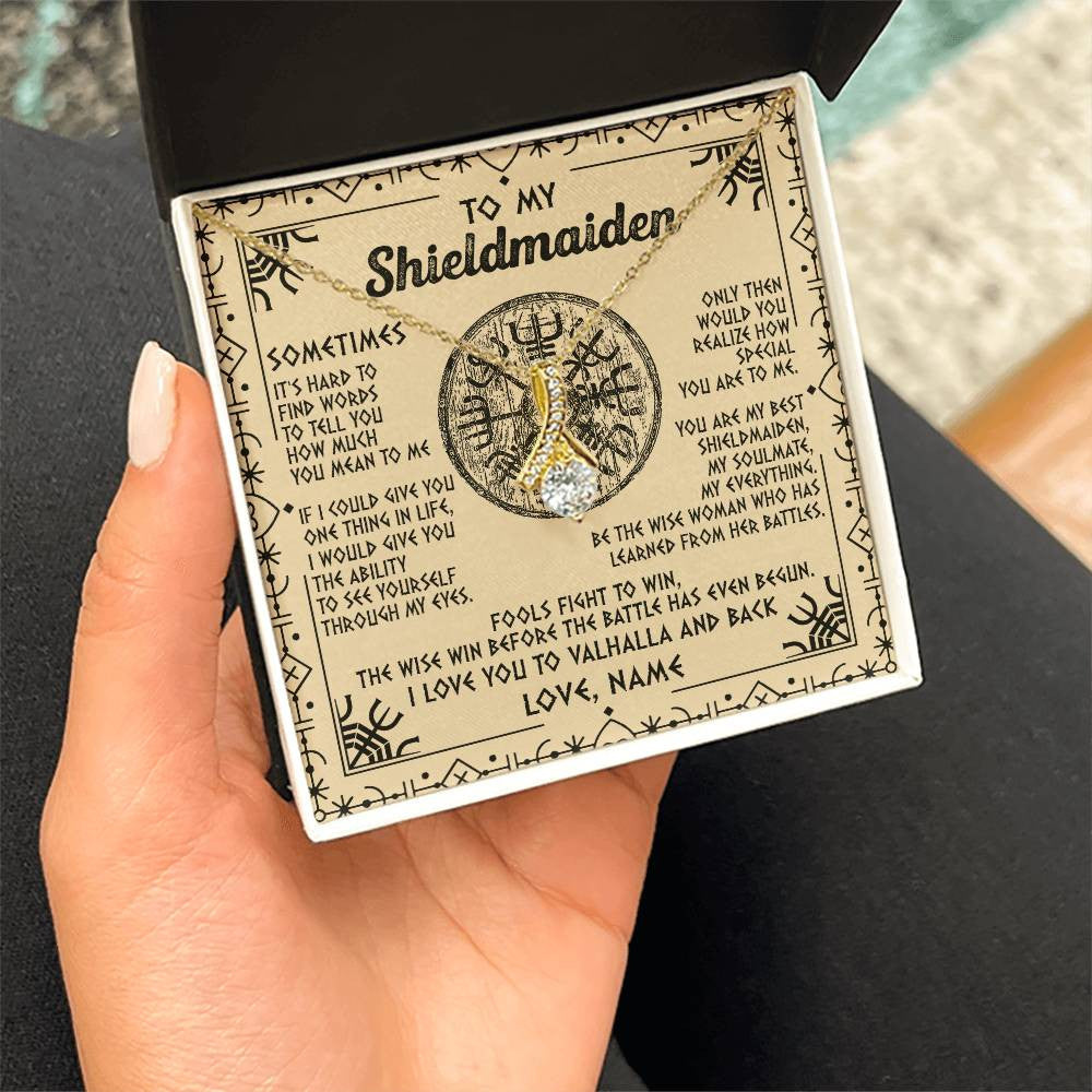 Alluring Beauty Necklace 18K Yellow Gold Finish | Personalized To My Shieldmaiden Necklace Viking Vintage I Love You to Valhalla Jewelry Fiancee Wife Girlfriend Birthday Anniversary Customized Message Card | teecentury