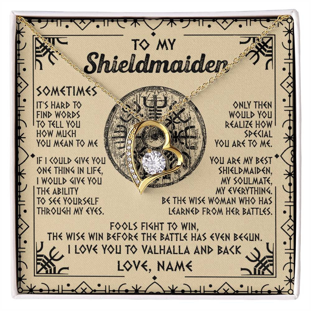 Forever Love Necklace 18K Yellow Gold Finish | Personalized To My Shieldmaiden Necklace Viking Vintage I Love You to Valhalla Jewelry Fiancee Wife Girlfriend Birthday Anniversary Customized Message Card | teecentury