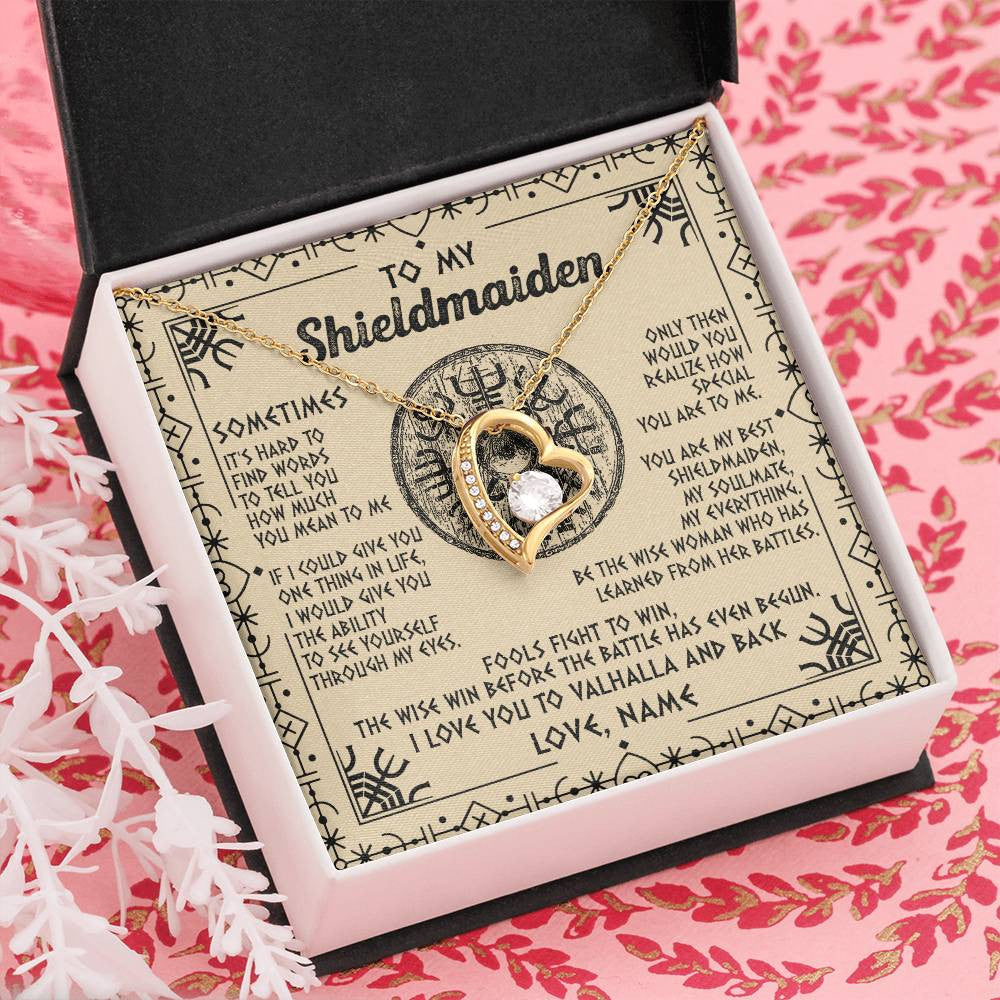 Forever Love Necklace 18K Yellow Gold Finish | Personalized To My Shieldmaiden Necklace Viking Vintage I Love You to Valhalla Jewelry Fiancee Wife Girlfriend Birthday Anniversary Customized Message Card | teecentury