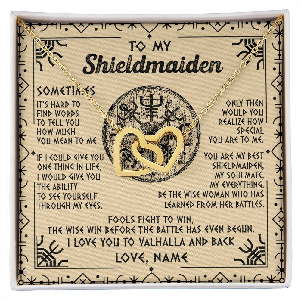 Interlocking Hearts Necklace 18K Yellow Gold Finish | Personalized To My Shieldmaiden Necklace Viking Vintage I Love You to Valhalla Jewelry Fiancee Wife Girlfriend Birthday Anniversary Customized Message Card | teecentury