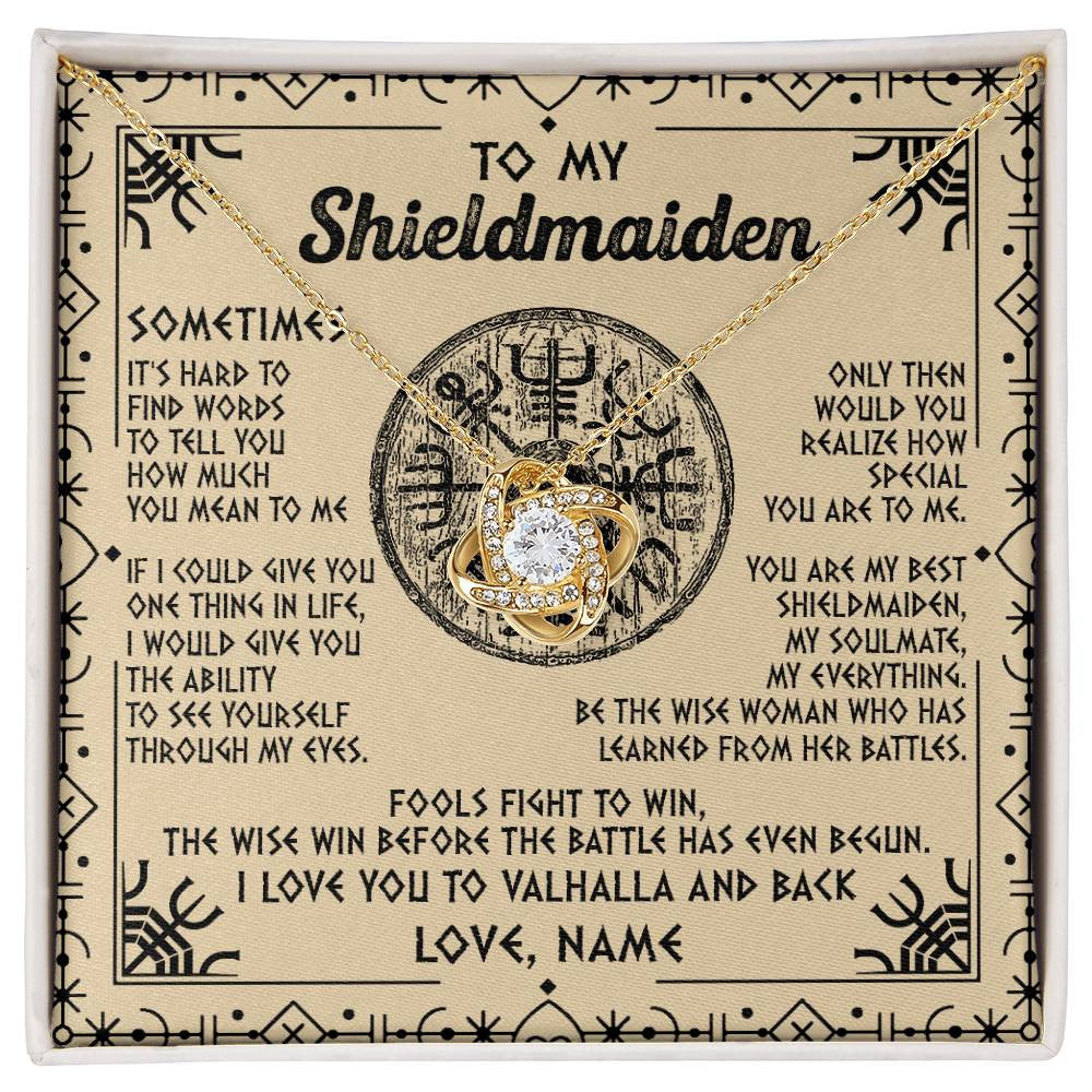 Love Knot Necklace 18K Yellow Gold Finish | Personalized To My Shieldmaiden Necklace Viking Vintage I Love You to Valhalla Jewelry Fiancee Wife Girlfriend Birthday Anniversary Customized Message Card | teecentury