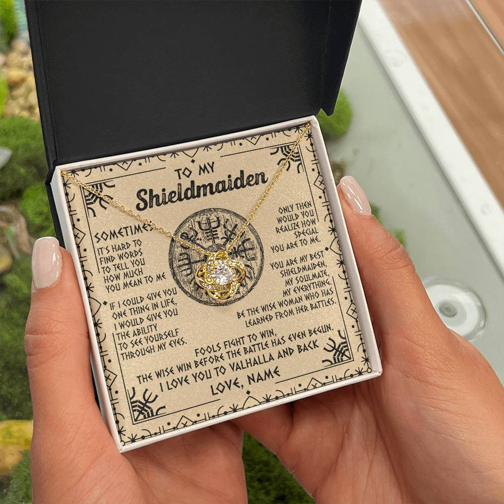 Love Knot Necklace 18K Yellow Gold Finish | Personalized To My Shieldmaiden Necklace Viking Vintage I Love You to Valhalla Jewelry Fiancee Wife Girlfriend Birthday Anniversary Customized Message Card | teecentury