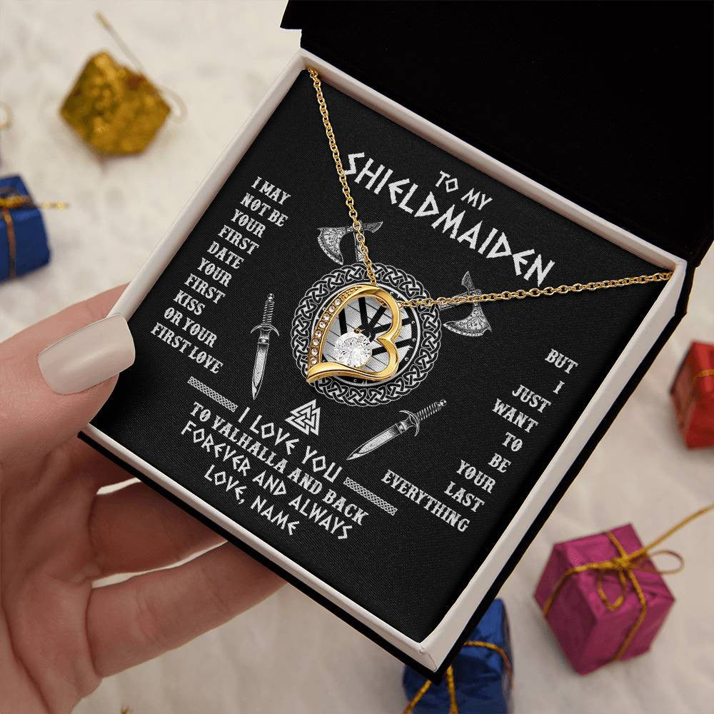 Forever Love Necklace 18K Yellow Gold Finish | 2 | Personalized To My Shieldmaiden Viking Necklace I Love You To Valhalla And Back Wife Girlfriend Women Birthday Anniversary Customized Gift Box Message Card | teecentury